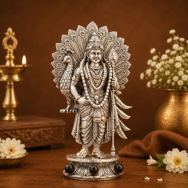 Silver Plated Lord Murugan with Peacock Idol